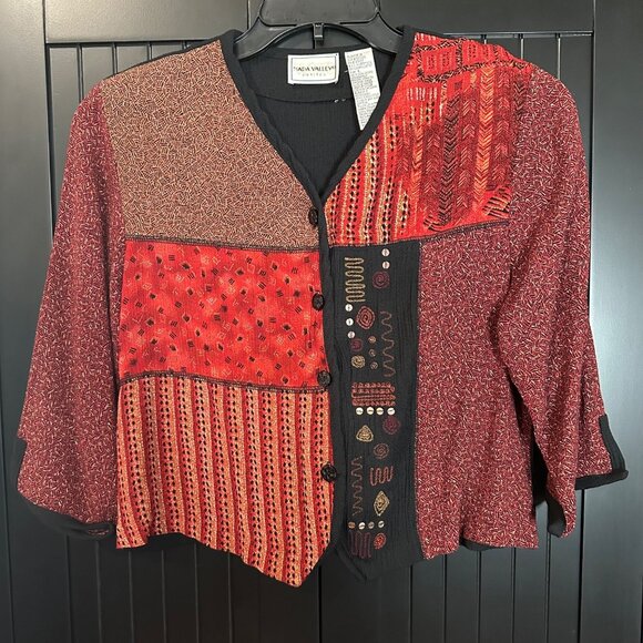 VTG Napa Valley Petites Womens Patchwork Jacket Large Red Black Boho Artsy Retro - Picture 1 of 6
